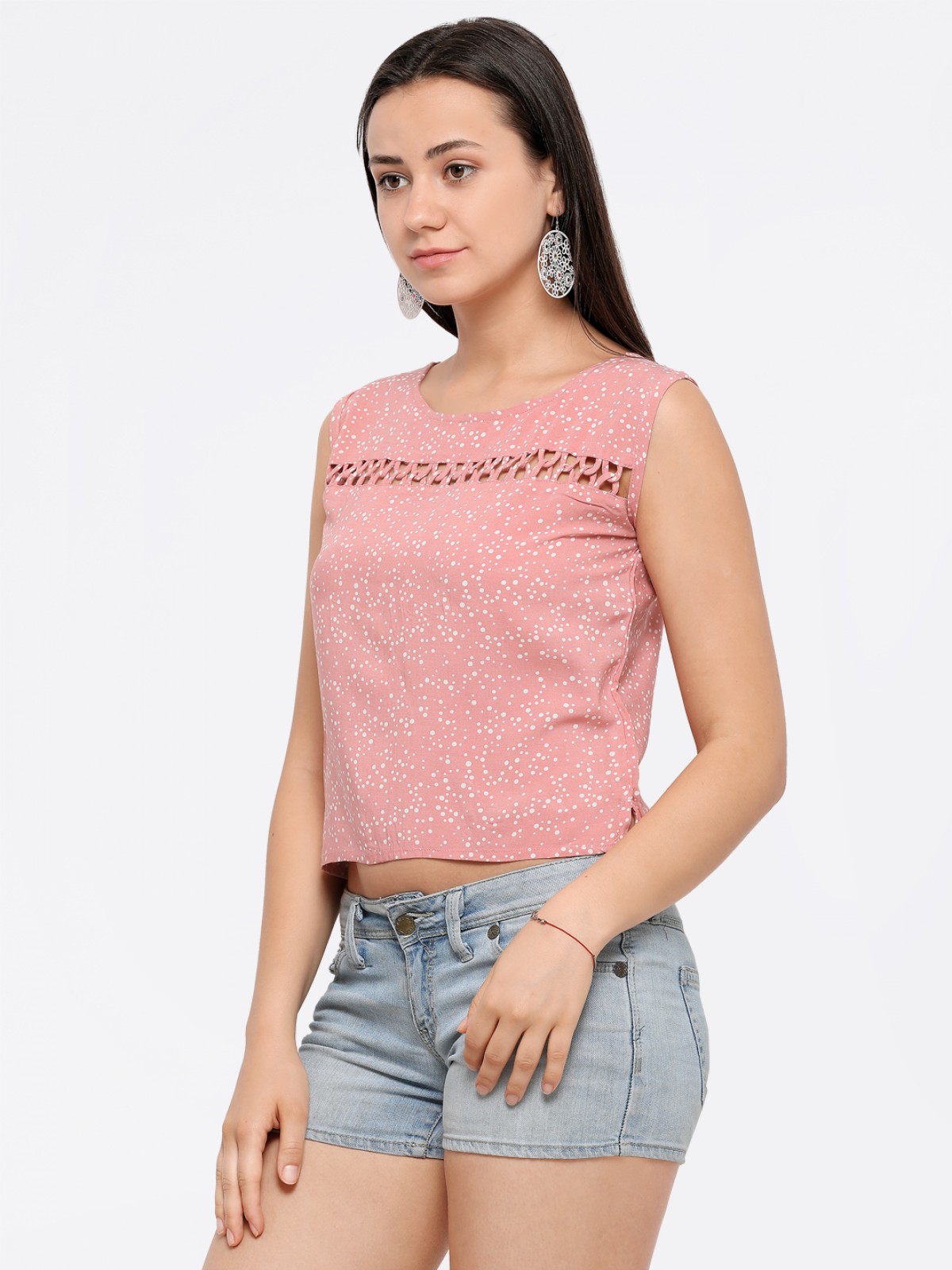 Pink White Polkadot Chained Crop Top